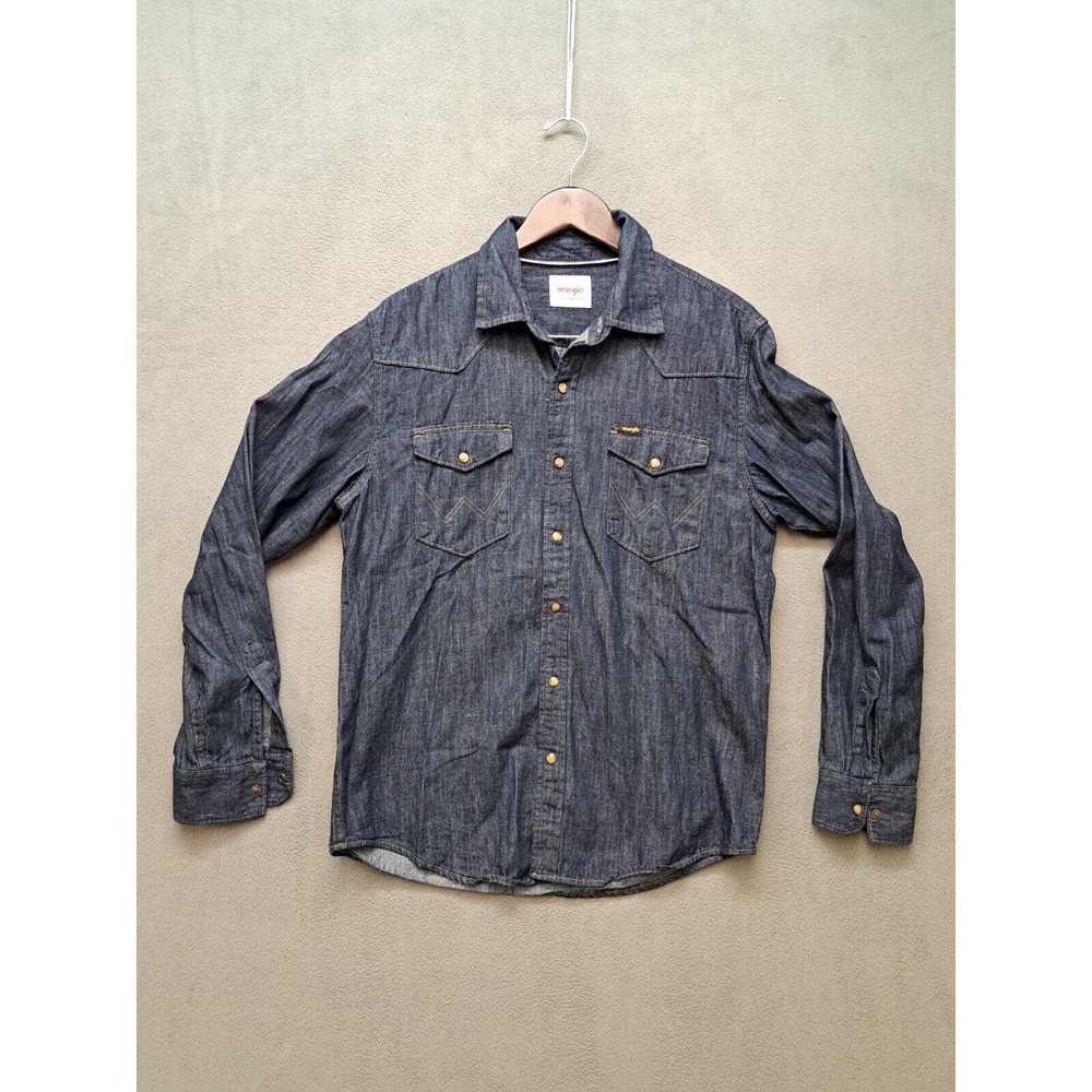 Wrangler Western Blue Denim Dark Wash Indigo Pearl Snap Shirt Men’s Size Medium